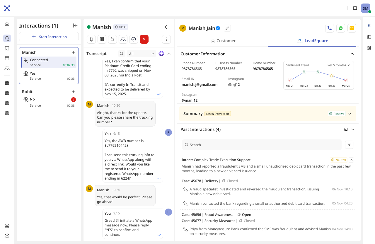 The Exotel agent workspace on a live voice call: transcript in the centre, customer summary and past interactions on the right