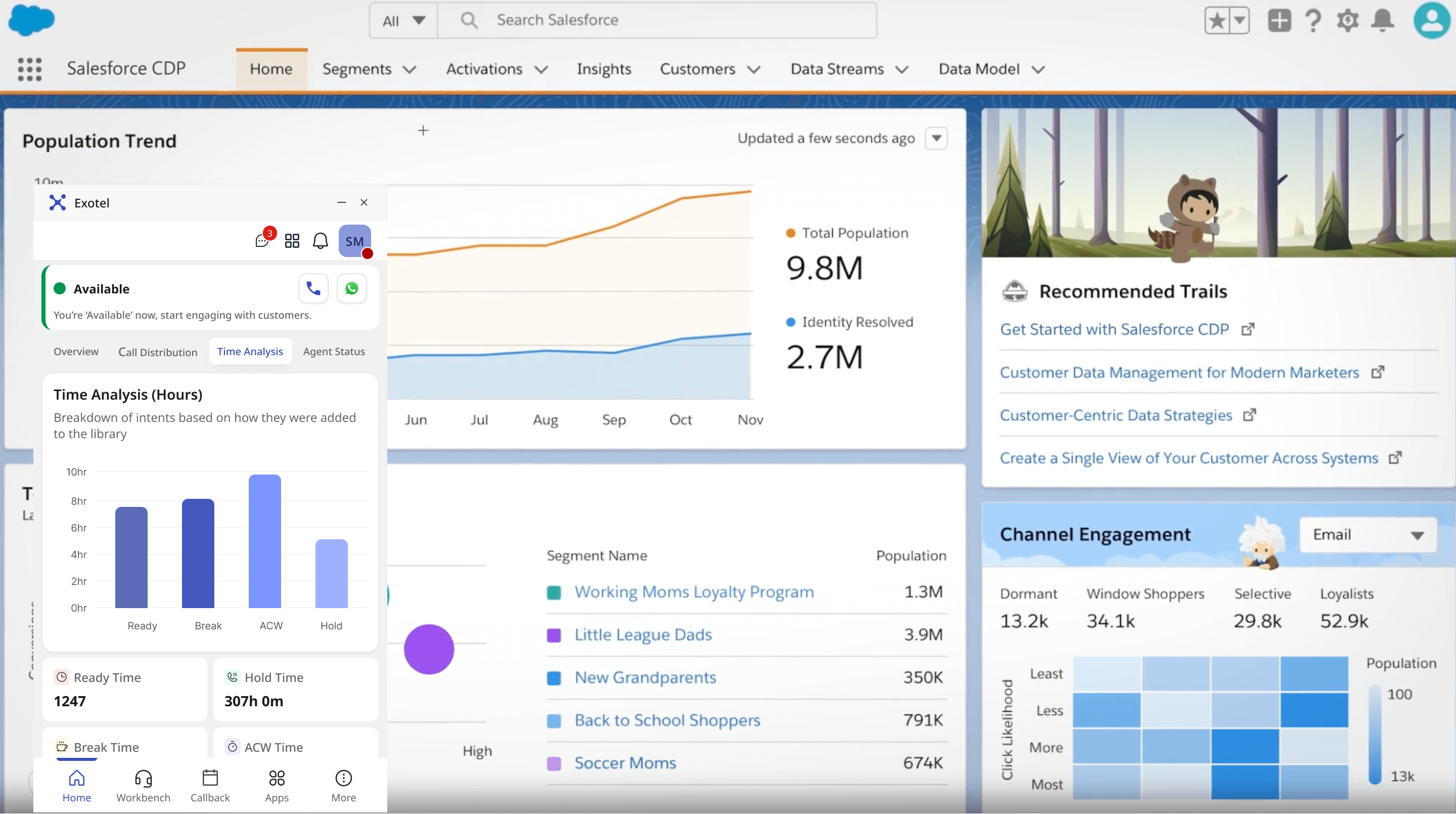 After — the Exotel softphone docked compactly inside the CRM, agent available