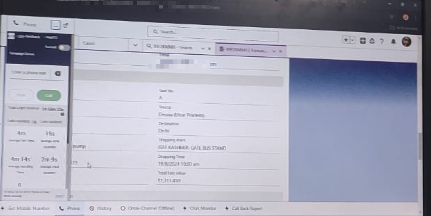 Legacy CRM with a dialer floating over the case record, de-identified