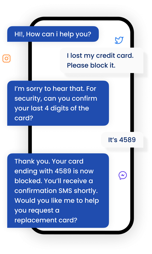 Block-my-card flow on a phone — verify last 4 digits, block the card, confirm by SMS, offer a replacement