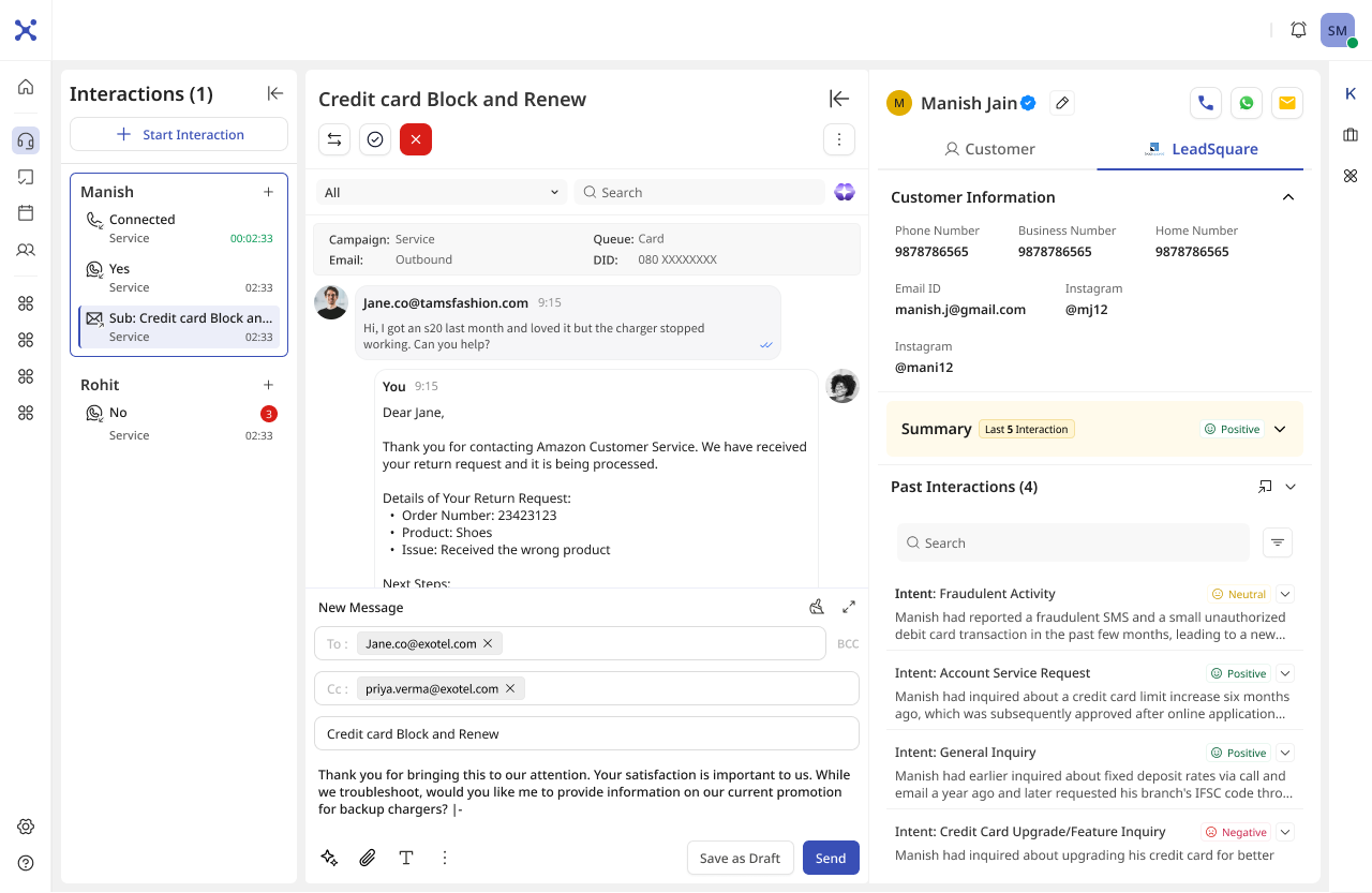 Exotel agent workspace — omni-channel interaction with email composer and customer context