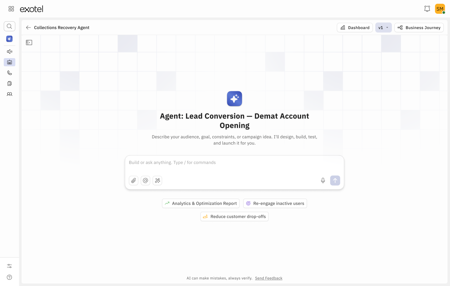 Builder start — Agent: Lead Conversion, describe your audience and goal, composer with suggestion chips