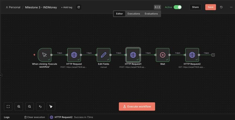 n8n editor — the fee explainer workflow executing: HTTP requests, edit fields, wait, success in 73ms